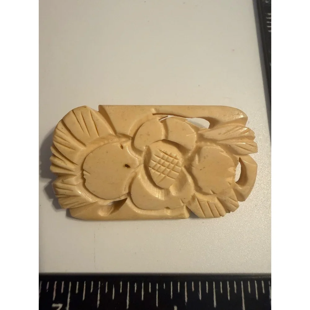 Vintage Carved Floral Brooch Cream Bone Celluloid Rectangle Flower Pin 1.75in